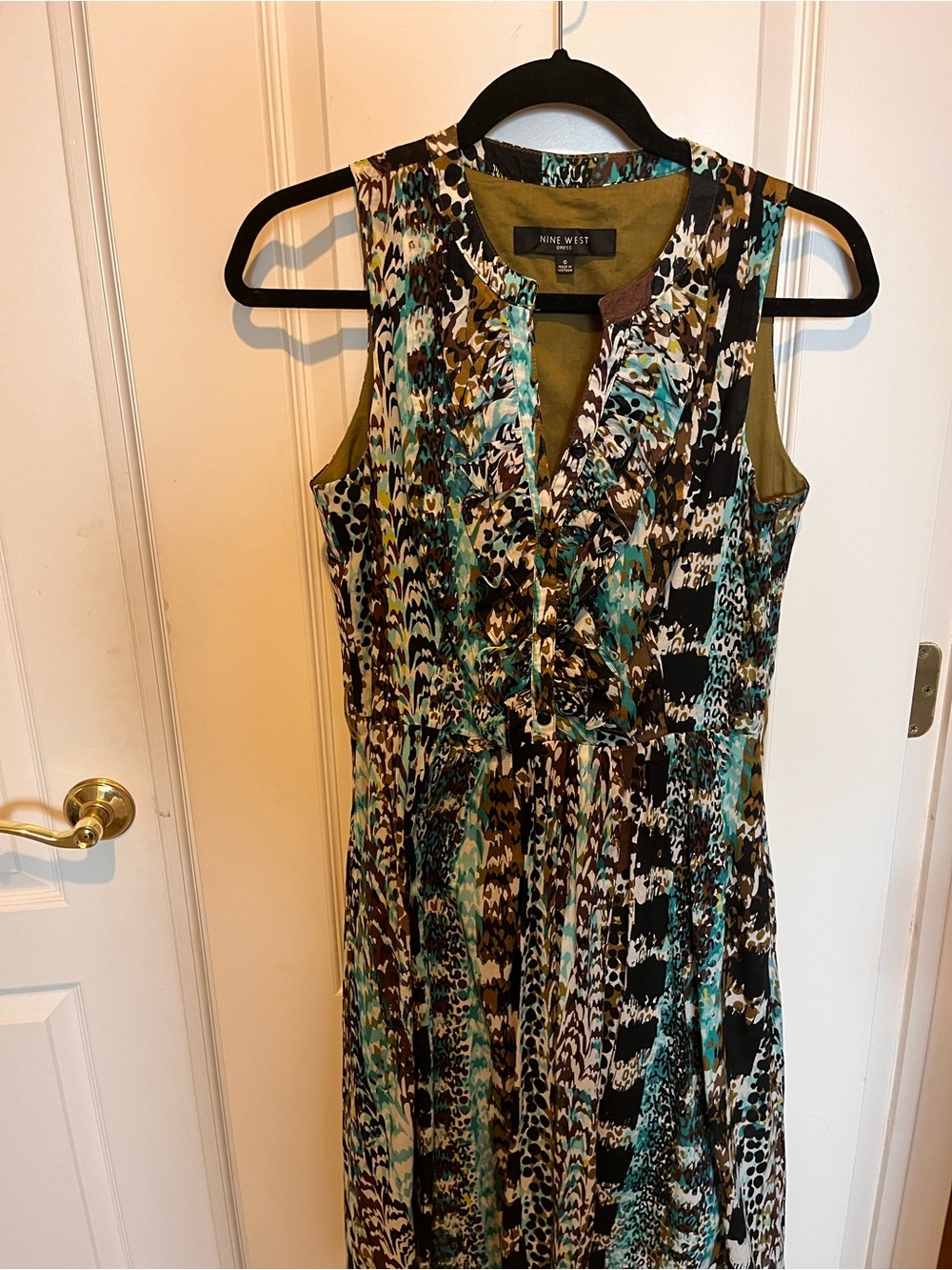 Nine West Teal, Black and Olive Printed Sleeveless Midi Dress